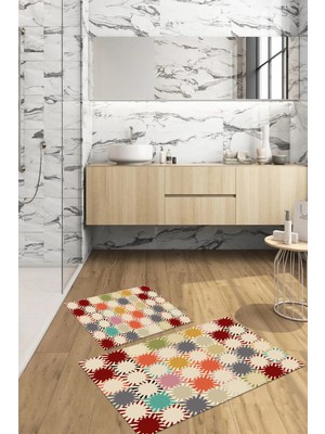 PremiumPort Yıkanabilir Dijital Baskılı Kaymaz Taban Modern Banyo Paspası Klozet Takımı