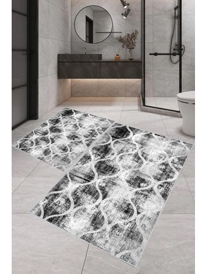 PremiumPort Modern Dijital Baskı Banyo Halısı Seti, 100X60+60X50 cm