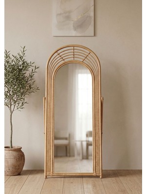 Lessio Home Jambi Ayaklı Rattan Bambu Boy Aynası 180X70 cm – El Yapımı Bohem Dekoratif Kemer Ayna