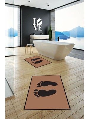 PremiumPort Yıkanabilir Kaymaz Ayak Izi Desenli Ikili Banyo Halısı ve Klozet Takımı