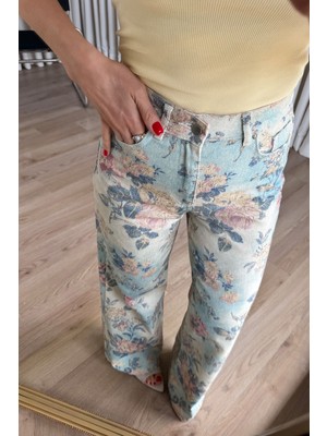Sue Store Mavi Ekru Çiçekli Desenli Jean