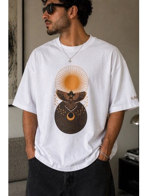 Zueofficial Erkek Oversize Bisiklet Yaka Baskılı %100 Pamuk Rahat Kesim Streetwear Günlük T-Shirt