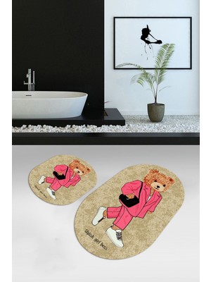 PremiumPort Dijital Baskılı Kaymaz Taban Yıkanabilir Oval Banyo Takımı