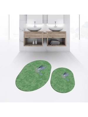 PremiumPort Yıkanabilir Oval Kaymaz Taban Banyo Paspası ve Klozet Takımı