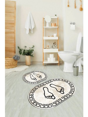 PremiumPort Dijital Baskılı Kaymaz Yıkanabilir Ayak Desenli Oval Banyo Seti