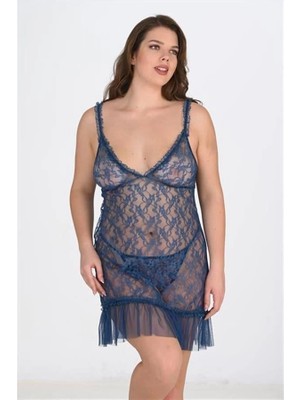 Amora Secret  Büyük Beden Petrol Mavisi Dantel Işlemeli Tül Gecelik Kadın Iç Giyim Rahat Kullanım