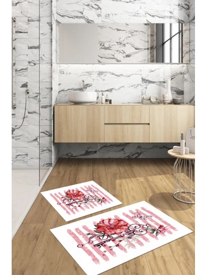 PremiumPort Renkli Gül Motifli Yıkanabilir Kaymaz Banyo Paspası ve Klozet Takımı