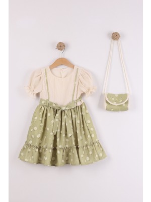 Joy Kids Kız Çocuk Papatya Detaylı Premium Elbise Çanta Hediyeli (Yeşil-Ekru) (2-5yaş)