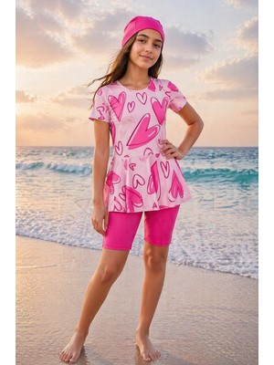 Bilge Trend Kalp Desenli Boneli Üçlü Yarı Tesettür Mayo Takım