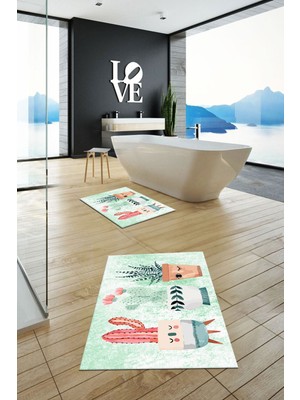 PremiumPort Renkli Kaktüs Desenli Yıkanabilir Kaymaz Banyo Halısı ve Klozet Takımı