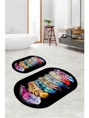 PremiumPort Yıkanabilir Çiçekli Oval Banyo Paspası Takımı, Kaymaz ve Şık Tasarım