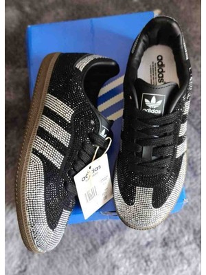 Evlium Adidas Samba Tasarım Kadın Siyah Taşlı Sneaker Ayakkabı - Özel Kristal Işlemeli Lüks Tasarım