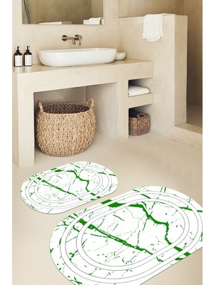 PremiumPort Mermer Desenli Baskılı Oval Banyo Paspası, Yıkanabilir, Kaymaz, 2'li Klozet Takımı