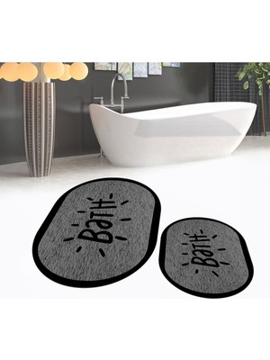 PremiumPort Dijital Baskılı Kaymaz Taban Yıkanabilir Oval Banyo Paspas Takımı