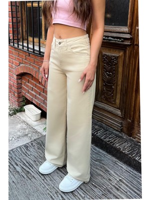 Bikelife Bej Yüksek Bel Wide Leg Jeans