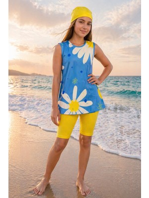 Bilge Trend Kız Çocuk Üst , Bone , Tayt 3 Parça Papatyalı Yarı Tesettür Deniz Havuz Mayo Takımı