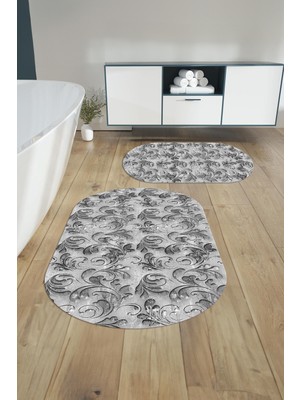 PremiumPort Yıkanabilir Kaymaz Taban Akrilik Desenli Oval Banyo Paspası Klozet Takımı