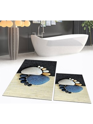 PremiumPort Yıkanabilir Dijital Baskılı Kaymaz Taban Ikili Banyo Paspas Takımı