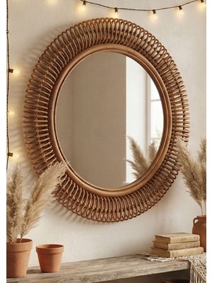 Lessio Home Bohem Tarz Dekoratif Manila Ayna - El Örmesi Doğal Rattan Çerçeve 90CM