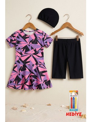 Zuzunga Kız Çocuk Geometrik Desenli Etekli Mayo Takımı – Boya Hediyeli