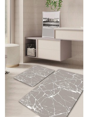 PremiumPort Mermer Desenli Kaymaz Taban Yıkanabilir Banyo Halısı Çiftli Set