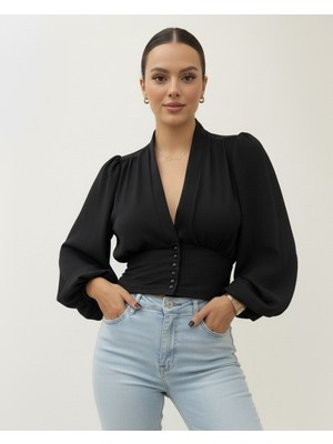 Moda Morfo Düğmeli Arkası Lastikli Balon Kol Sandy Crop -Siyah