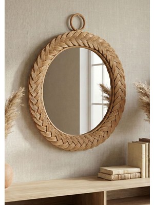 Lessio Home Prag Yuvarlak Örgü Rattan Bambu Duvar Aynası 50X50 cm – El Yapımı Bohem Dekoratif Ayna