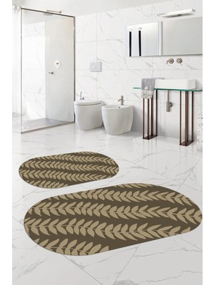 PremiumPort Yıkanabilir Oval Banyo Paspası, Kaymaz Taban, Yaprak Desenli, Klozet Takımı