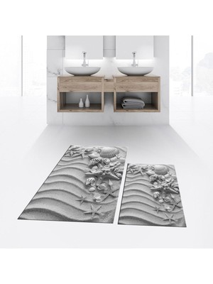 PremiumPort Yıkanabilir Dijital Baskılı Kaymaz Taban Ikili Banyo Paspas Takımı