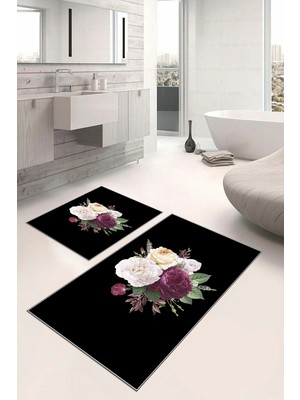 PremiumPort Çiçek Desenli Yıkanabilir Kaymaz Banyo Paspası ve Klozet Takımı