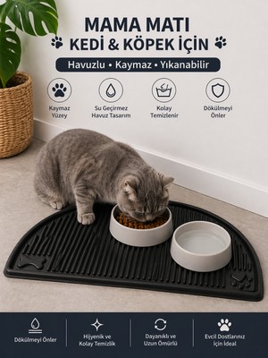 Black Gold Evcil Hayvan Beslenme Matı Su Geçirmez Havuzlu Kaymaz Kedi Köpek Mama Paspası Mama Altlığı 50X26 cm