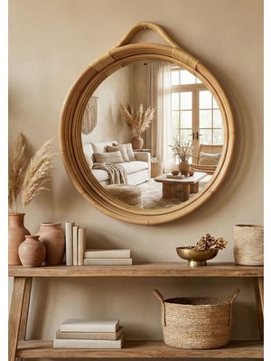 Lessio Home Yuvarlak Rattan Bambu Duvar Aynası 80X80 cm – El Yapımı Bohem Dekoratif Ayna Samarinda