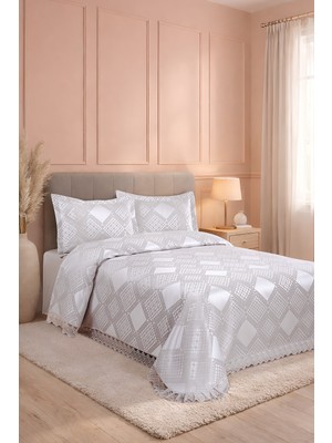 Bir Home Likya Jakarlı Fransız Dantelli Modern Çift Kişilik Yatak Örtüsü Takımı 240X250CM