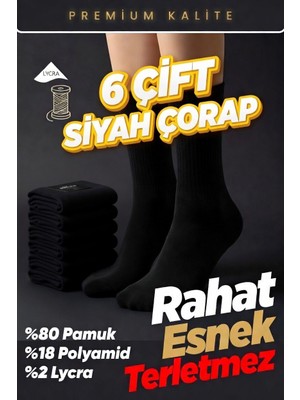 Thinborne 6 Çift Siyah Düz Desenli Tenis Çorap Sporcu Çorabı Uzun Erkek Kadın Spor Çorap Siyah