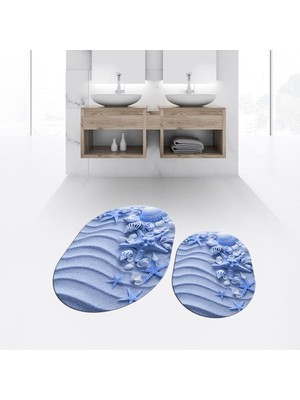 PremiumPort Yıkanabilir Oval Dijital Baskılı Kaymaz Banyo Paspası ve Klozet Takımı