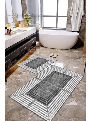PremiumPort Yıkanabilir, Kaymaz Tabanlı, Dijital Baskılı Banyo Paspası Takımı