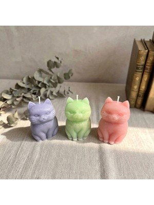 El Yapımı Sevimli Kedi Figürlü Mum Seti – 3'lü, Pastel Renkli Dekoratif Mum