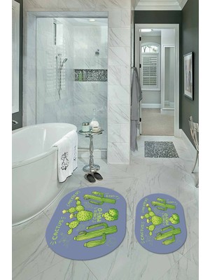 PremiumPort Dijital Baskılı Kaymaz Yıkanabilir Kaktüs Oval Banyo ve Klozet Takımı