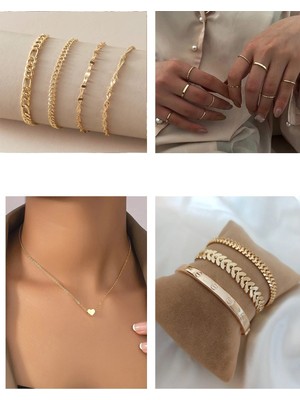 Nkie Jewels Altın Renk Kombin Sarmal 10 Lu Yüzük Kalp Sf Kolye Kartier Tırtıl Kılçık Bileklik- 2926