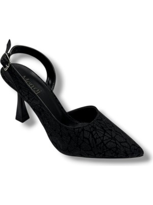 Mengi 685-26 Parlak Simli Saten Ince Topuk Arkası Açık Kadın Stiletto(9cm)