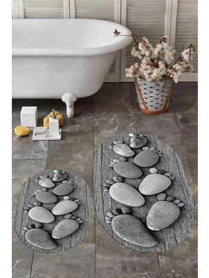 PremiumPort Yıkanabilir 3D Dijital Kaymaz Ayak Izi Desenli Banyo Paspas Takımı