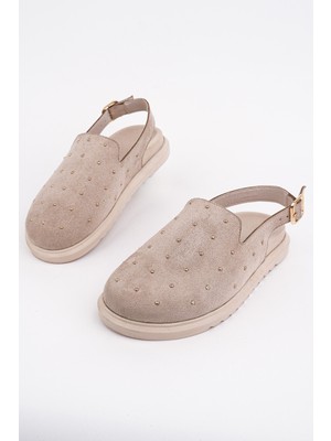 Muggo Lilow Süet Deri Gold Zımbalı Ayarlanabilir Tokalı Günlük Rahat Önü Kapalı Kadın Sandalet