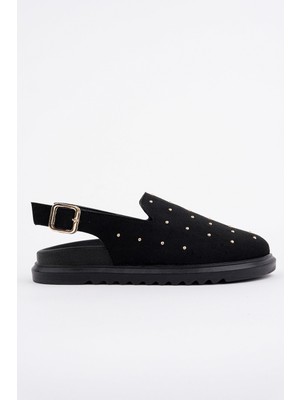 Muggo Lilow Süet Deri Gold Zımbalı Ayarlanabilir Tokalı Günlük Rahat Önü Kapalı Kadın Sandalet