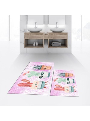 PremiumPort Yıkanabilir Dijital Baskılı Kaymaz Taban Ikili Banyo Paspas Takımı