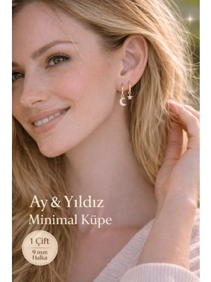 Sacce Scarves & Accessories Minimal Ay Yıldız Charm Küpe – Zirkon Taşlı Asimetrik Halka Küpe (9 Mm)
