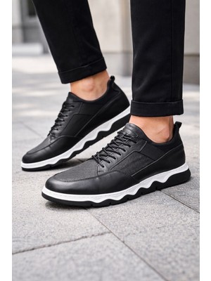 Zueofficial Erkek Hakiki Deri Siyah Sneaker Ayakkabı