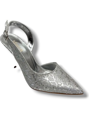 Mengi 685-26 Parlak Simli Saten Ince Topuk Arkası Açık Kadın Stiletto(9cm)