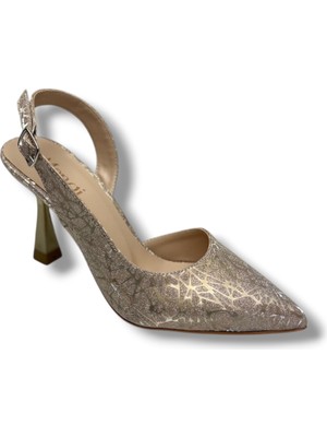 Mengi 685-26 Parlak Simli Saten Ince Topuk Arkası Açık Kadın Stiletto(9cm)