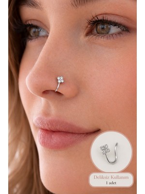 Sacce Scarves & Accessories Mini Çiçek Sıkıştırmalı Hızma – Deliksiz Kullanım, Zirkon Taşlı Rodyum Kaplama Piercing & Kıkırdak Küpesi