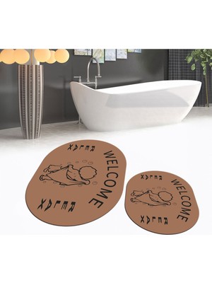 PremiumPort Yıkanabilir Oval Dijital Baskılı Kaymaz Banyo Paspas Takımı